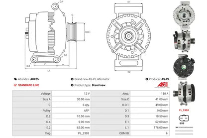Generator alternator, Alpina, BMW, Bmw (brilliance), 272x191x189 mm, AS-PL A0425