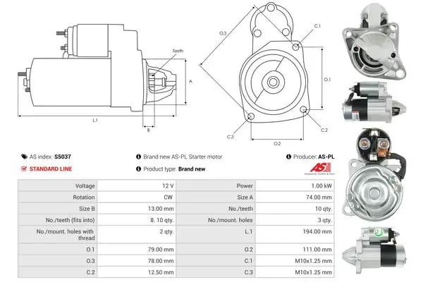 Starter, Kia, Mazda, Peugeot 806, Evasion, Expert, Jumpy, Scudo, Scud, 283x167x140 mm, AS-PL S5037