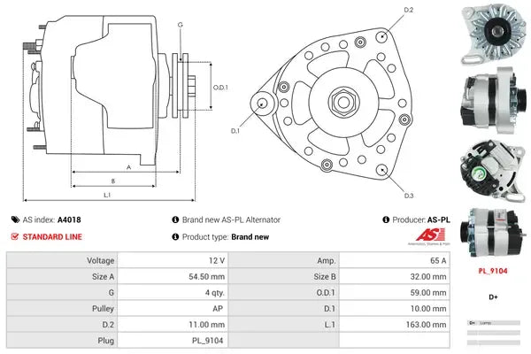 Generator alternator, Autobianchi, Fiat, Lancia, 261x190x186 mm, AS-PL A4018