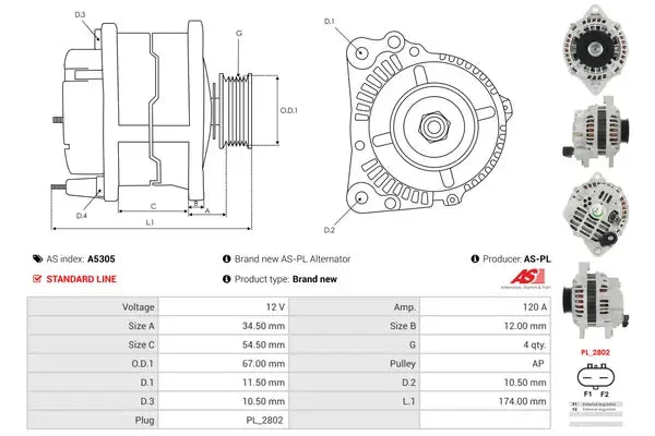 Generator alternator, Chrysler, 262x189x184 mm, AS-PL A5305
