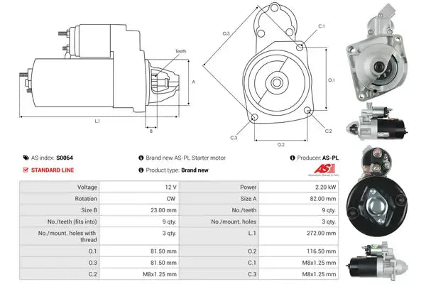 Starter, Citroen, Fiat, Peugeot, 318x212x154 mm, AS-PL S0064
