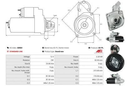 Starter, Citroen, Fiat, Peugeot, 318x212x154 mm, AS-PL S0064