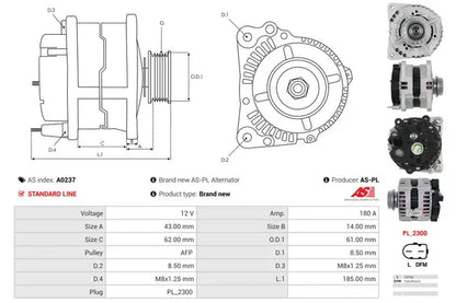 Generator alternator, Audi, Ford, Porsche, 265x191x189 mm, AS-PL A0237