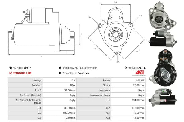 Starter, Audi, Ford, Hyundai, Lamborghini, Mercedes-Benz, SEAT, Skoda, 282x177x136 mm, AS-PL S0417