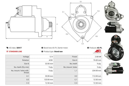 Starter, Audi, Ford, Hyundai, Lamborghini, Mercedes-Benz, SEAT, Skoda, 282x177x136 mm, AS-PL S0417