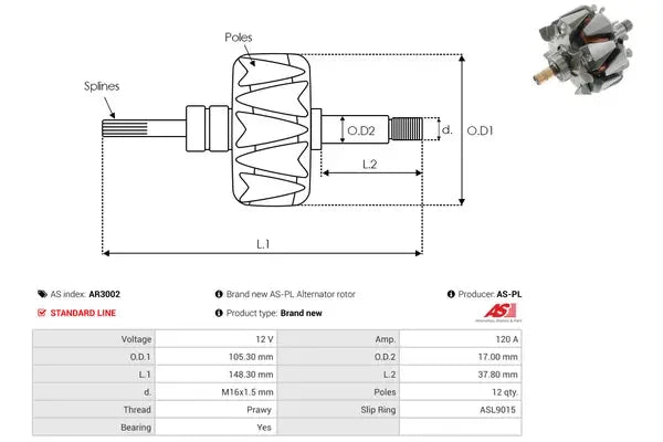 Rotor alternator, 179x162x126 mm, AS-PL AR3002