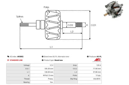 Rotor alternator, 179x162x126 mm, AS-PL AR3002