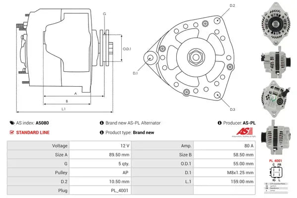 Generator alternator, Nissan, Opel, Peugeot, Suzuki, 261x194x188 mm, AS-PL A5080