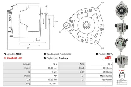 Generator alternator, Nissan, Opel, Peugeot, Suzuki, 261x194x188 mm, AS-PL A5080