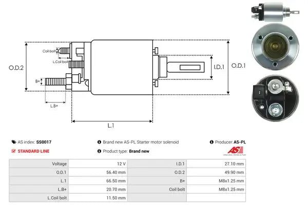 Solenoid electromotor, Audi, Fiat, Ford, Lancia, Rover, SEAT, Skoda, 188x74x70 mm, AS-PL SS0017