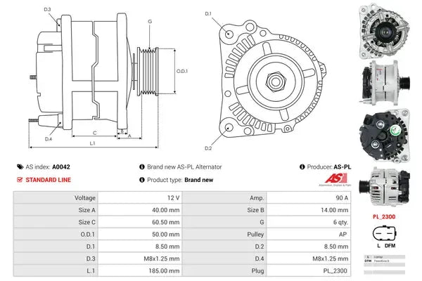 Generator alternator, Audi, Dacia, Opel, Renault, SEAT, Skoda, 268x188x186 mm, AS-PL A0042