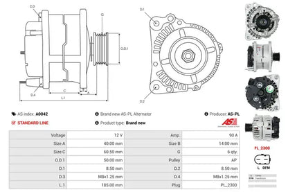 Generator alternator, Audi, Dacia, Opel, Renault, SEAT, Skoda, 268x188x186 mm, AS-PL A0042