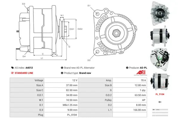 Generator alternator, Ford, Jaguar, Land Rover, Rover, 263x184x182 mm, AS-PL A4012