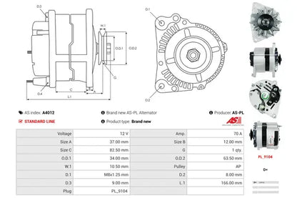 Generator alternator, Ford, Jaguar, Land Rover, Rover, 263x184x182 mm, AS-PL A4012