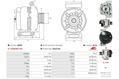 Generator alternator, Alfa Romeo, Fiat, Ford, Lancia, Opel, Suzuki, 257x190x184 mm, AS-PL A6095