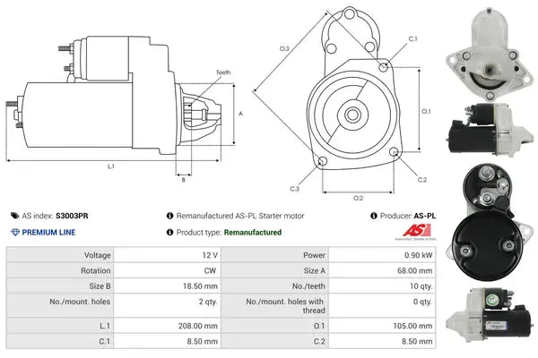 Starter, Chevrolet, Daewoo, Fiat, Opel, Saab, 281x170x136 mm, AS-PL S3003PR