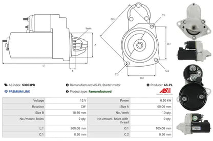 Starter, Chevrolet, Daewoo, Fiat, Opel, Saab, 281x170x136 mm, AS-PL S3003PR