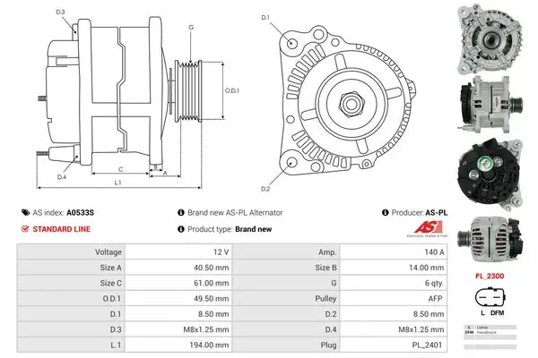 Generator alternator, Audi, SEAT, Skoda, 267x189x184 mm, AS-PL A0533S