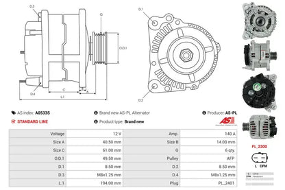 Generator alternator, Audi, SEAT, Skoda, 267x189x184 mm, AS-PL A0533S