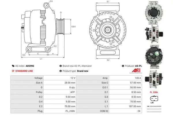 Generator alternator, Audi, Cupra, SEAT, Skoda, 322x225x188 mm, AS-PL A0599S