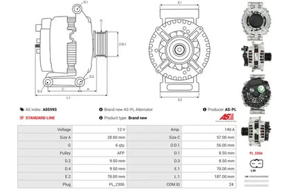 Generator alternator, Audi, Cupra, SEAT, Skoda, 322x225x188 mm, AS-PL A0599S