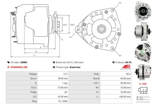 Generator alternator, Daf, Lamborghini, Man, Mercedes-Benz, Nsu, Puch, SEAT, Skoda, Steyr, Volvo, 267x189x184 mm, AS-PL A0069