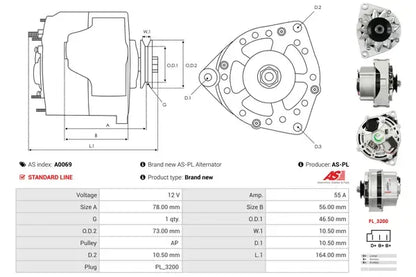 Generator alternator, Daf, Lamborghini, Man, Mercedes-Benz, Nsu, Puch, SEAT, Skoda, Steyr, Volvo, 267x189x184 mm, AS-PL A0069
