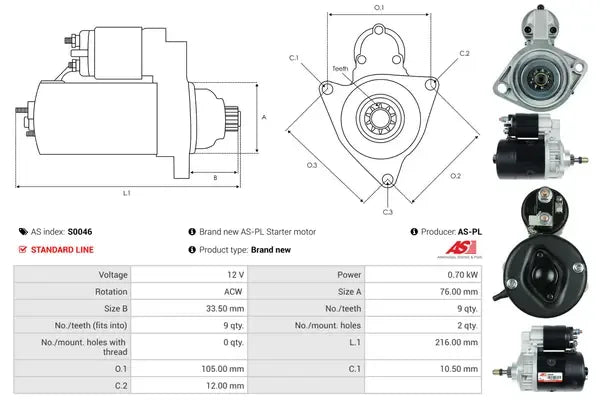 Starter, Porsche, 281x165x136 mm, AS-PL S0046
