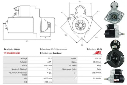 Starter, Porsche, 281x165x136 mm, AS-PL S0046