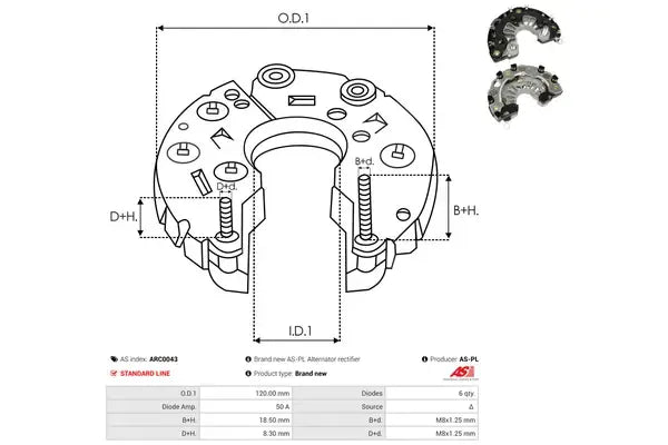 Punte diode, Audi, Chrysler, Ford, Honda, Iveco, Lancia, Mercedes_benz, Opel, Renault_trucks, Rover, SEAT, Skoda, Volvo, 148x136x92 mm, AS-PL ARC0043