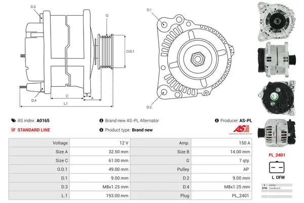 Generator alternator, Nissan, Opel, Renault, 262x192x186 mm, AS-PL A0165