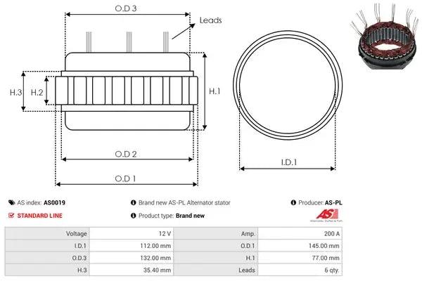 Stator alternator, Audi, BMW, Ford, Mercedes_benz, Mitsubishi, Peugeot, Renault, 181x162x124 mm, AS-PL AS0019