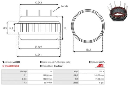 Stator alternator, Audi, BMW, Ford, Mercedes_benz, Mitsubishi, Peugeot, Renault, 181x162x124 mm, AS-PL AS0019