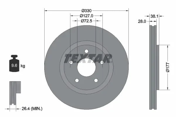 Disc frana, Fiat, Chrysler, Dodge, Lancia, VW Freemont, Grand Voyager, Voyager Microbus, Routan, Grand Caravan, Journey, Ø330 mm, Textar 92278905
