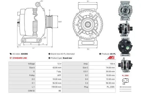 Generator alternator, Ford, 322x228x189 mm, AS-PL A0438S