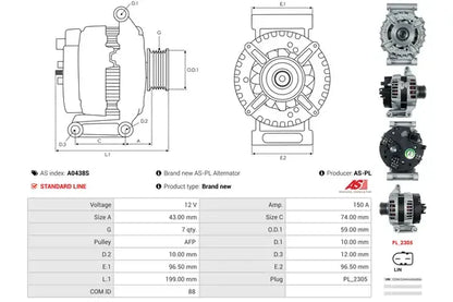 Generator alternator, Ford, 322x228x189 mm, AS-PL A0438S