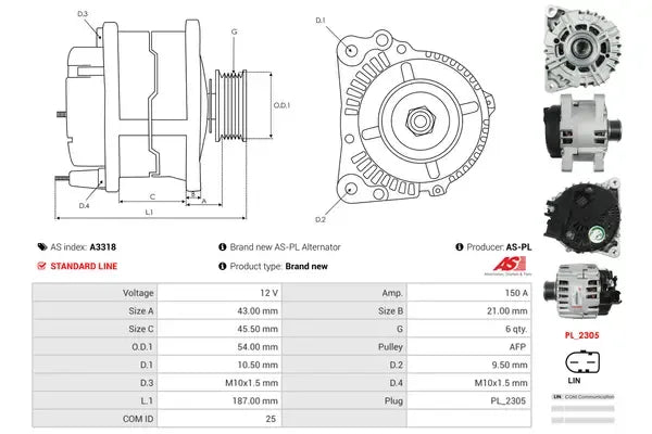 Generator alternator, Ford, 264x186x184 mm, AS-PL A3318