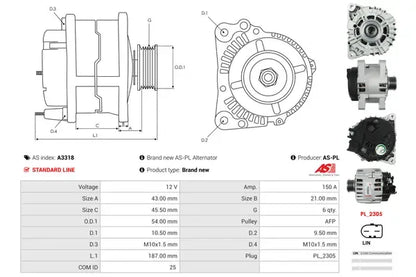 Generator alternator, Ford, 264x186x184 mm, AS-PL A3318