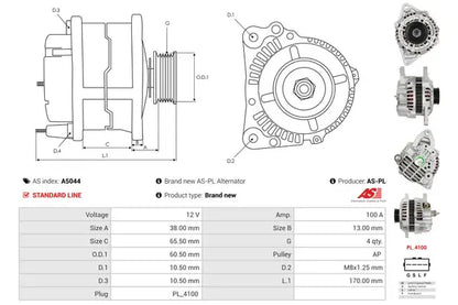 Generator alternator, Hyundai, Kia, Mitsubishi, Volvo, 261x188x182 mm, AS-PL A5044