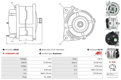 Generator alternator, Audi, Opel, SEAT, Skoda, 267x188x185 mm, AS-PL A0046