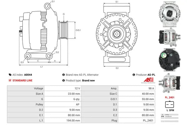 Generator alternator, Dacia, Nissan, Renault, 262x190x184 mm, AS-PL A0044