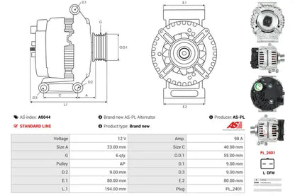 Generator alternator, Dacia, Nissan, Renault, 262x190x184 mm, AS-PL A0044