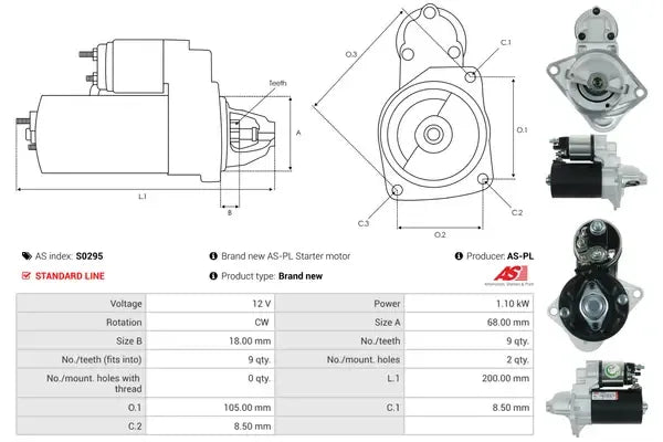Starter, Buick, Chevrolet, Daewoo, Fiat, Mercedes-Benz, Opel, Saab, Toyota, 287x164x134 mm, AS-PL S0295