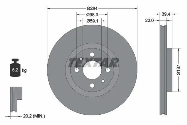 Disc frana, Fiat, Alfa Romeo, Lancia Multipla, Multipla Van, 145, 146, Coupe, Dedra, Punto, Tipo, Delta, Dedra Sw, Ø284 mm, Textar 92055203
