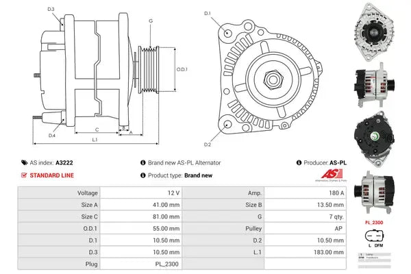 Generator alternator, Fiat, Iveco, Kia, 272x195x188 mm, AS-PL A3222