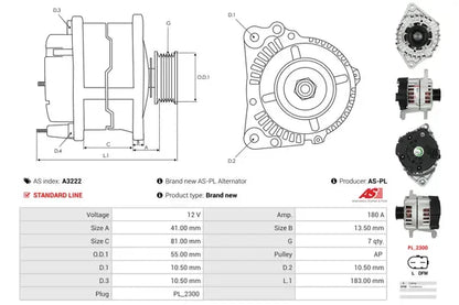 Generator alternator, Fiat, Iveco, Kia, 272x195x188 mm, AS-PL A3222
