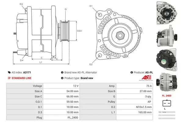 Generator alternator, Dacia, Nissan, Renault, 265x192x184 mm, AS-PL A3171