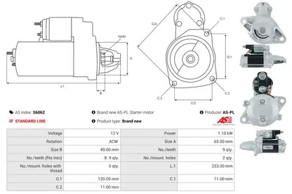 Starter, Subaru, 284x164x130 mm, AS-PL S6062