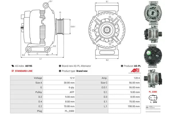 Generator alternator, Audi, BMW, SEAT, Skoda, 315x228x190 mm, AS-PL A0195