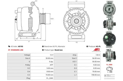 Generator alternator, Audi, BMW, SEAT, Skoda, 315x228x190 mm, AS-PL A0195